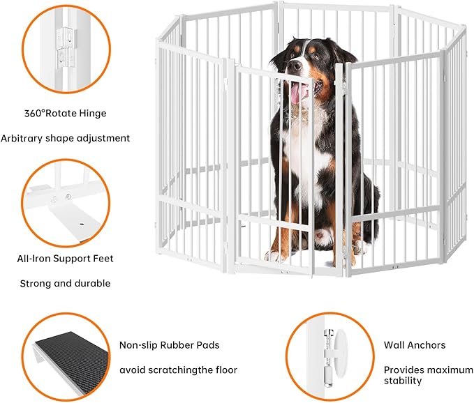 Full Metal Freestanding Dog Gate with Door, 32''Height Foldable Pet Dog Fence for Indoor & Outdoor, 8 Panels Extra Wide Free Standing TallDog Gates for Doorways,House,Stairs,Porch,Deck,Yard-PurrikoPets
