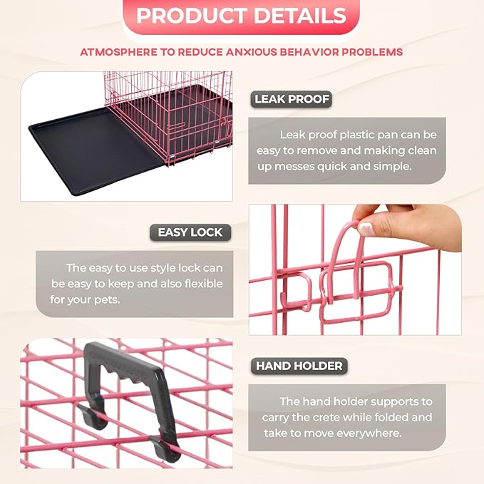 FDW Dog Crate for Small Dogs 24 Inch Folding Metal WirePet Cage Double Door W/Divider Panel Indoor Outdoor Kennel Leak-Proof Plastic Tray,Pink-PurrikoPets