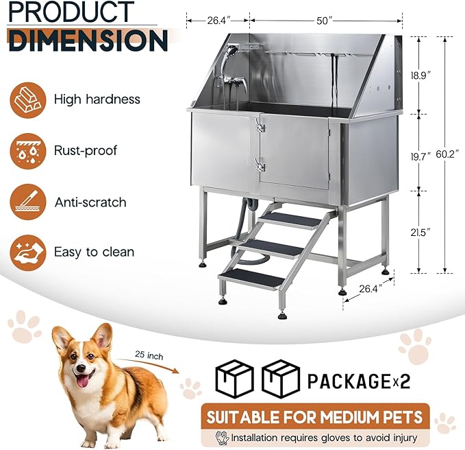 Albott 50 Inch Stainless Steel Dog Washing Station with Non-Slip Steps, Sprayer, Faucet, Soap Box – Professional Pet Bathtub for Small and Medium Pets, Use at Home, Garage, or Grooming (Right Door)-PurrikoPets