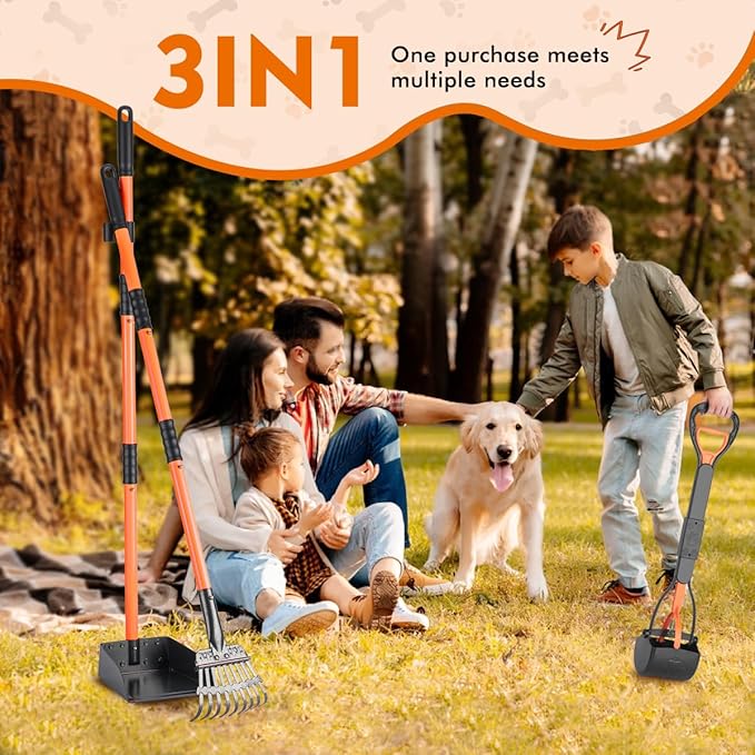 28" Pooper Scooper and 38" Heavy Duty Stainless Steel Rake & Tray Set, 3 in 1 Portable Dog Pooper Scooper Set for Large Medium Small Dogs in Grass, Dirt or Gravel-PurrikoPets