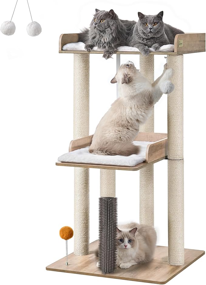 FourFurPets 43.7" Cat Tree, Modern Cat Tree Tower, Cat Tower for Indoor Cats Large Adult, Cat Condo with Scratching Post, Large Perch and Removable Pads, Greige-PurrikoPets