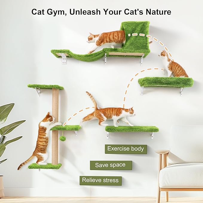 FUKUMARU Cat Wall Shelves, Stable & Safe 4 in 1 Cat Furniture Set, Wooden Climbing Wall with Scratching Post, Bridge and Bed, Stylish Jungle Gym for 16 Inch Drywall - Green-PurrikoPets