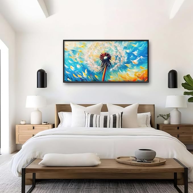 Extra Large Abstract Dandelion Framed Wall Art for Living Room,Oversized Colorful Dandelion Flower Pictures Wall Decor,Blue Canvas Print Painting Modern Artwork Bedroom Office Bathroom 60L" x 30W"-PurrikoPets