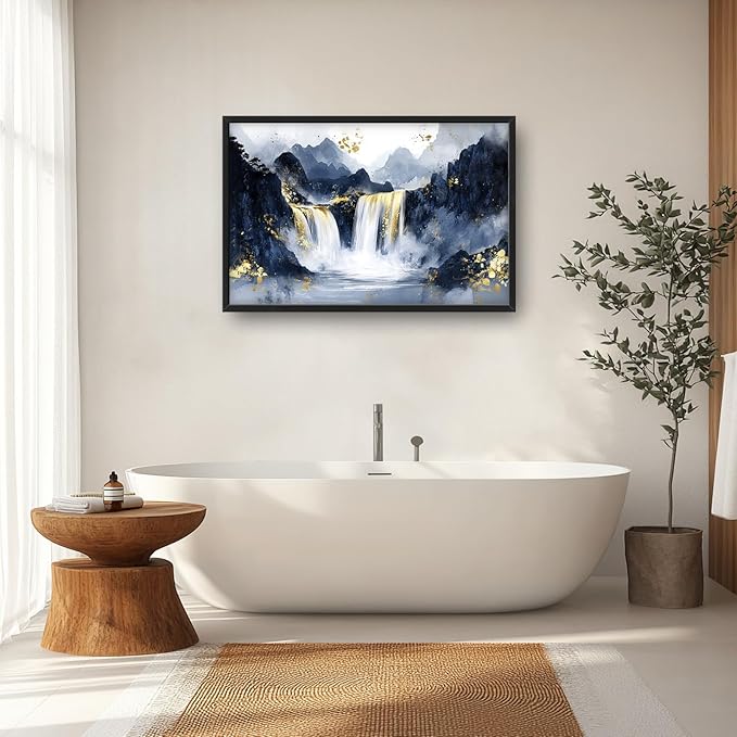 Extra Large Abstract Golden Waterfall Framed Wall Art for Living Room,Oversized Foggy Mountain Pictures Wall Decor,Canvas Print Painting Modern Artwork Bedroom Office Bathroom 36L" x 24W"-PurrikoPets