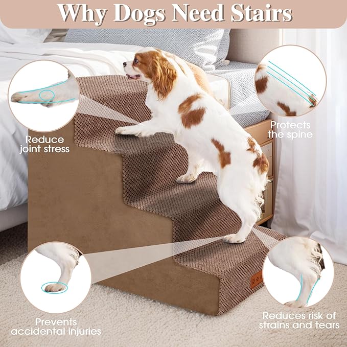 GGIB Dog Stairs for Small Dogs Cats Non-Slip Dog Steps for High Bed Pet Stairs for Sofa Couch Pet Ramp Pet Steps with Removable Washable Cover, Brown, 17" H, 4-Step-PurrikoPets