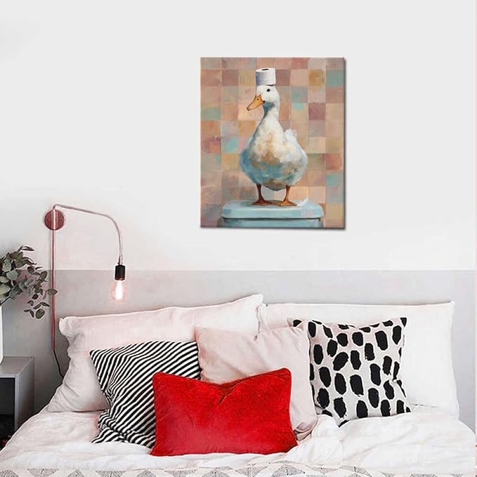 Funny Duck Bathroom Wall Art Cute Duck on Toilet Canvas Wall Decor Funny Quirky Farm Animal Pictures Painting Print Framed Artwork Decorations Gifts for Bathroom 20"x24"-PurrikoPets