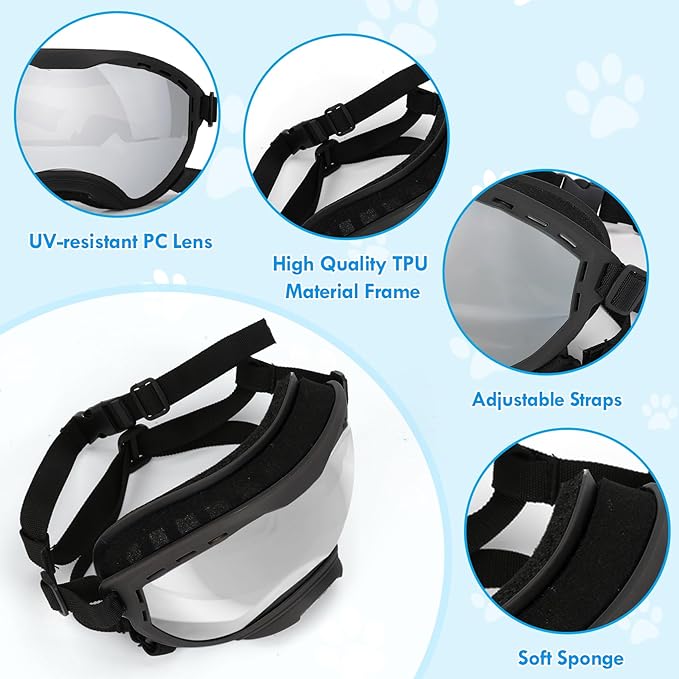 Dog Goggles for Large Dogs, UV Wind Dust Fog Protection, Soft Frame Adjustable Dog Sunglasses, Summer Driving & Winter Snow Eyewear, Tactical Pet Glasses with Elastic Strap (Black)-PurrikoPets