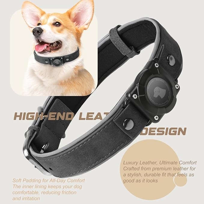 AirTag Dog Collar - Leather Dog Collar with Air Tag Holder | IPX8 Waterproof, Reflective, High - End, Adjustable Soft Padded | Dog GPS Tracker Collars Fit for Medium Large Dogs (Black, XL)-PurrikoPets