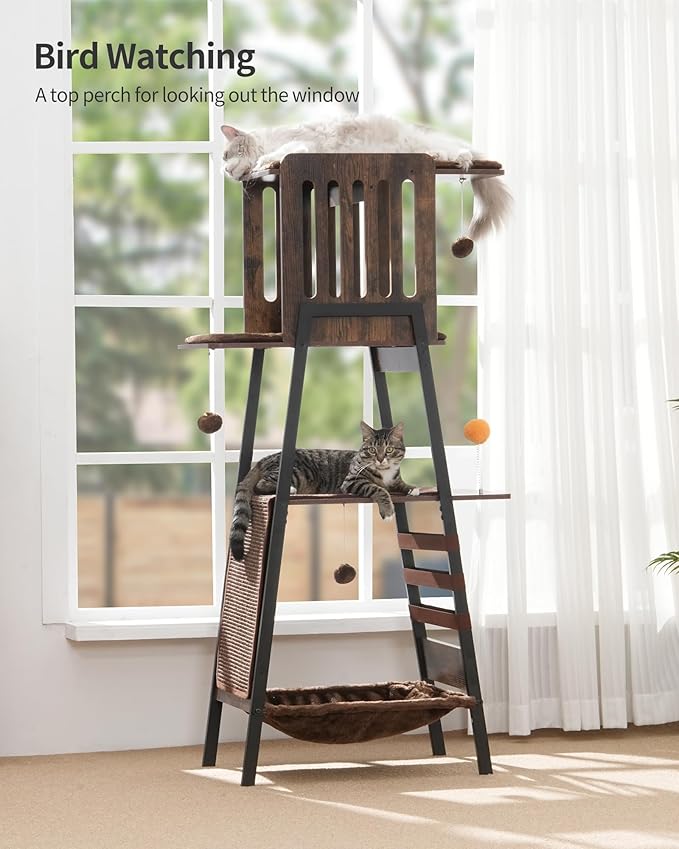 FourFurPets Modern Cat Tree, 58-Inch Cat Tower for Large Cats, Maine Coon Cat Tree with Scratching Board, Large Perch, Hammock and Removable Pads, Rustic Brown-PurrikoPets
