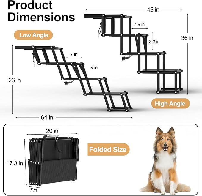 Extra Wide Dog Stairs for Large Dogs, Foldable Dog Ramp for Car with Non-Slip Surface, Lightweight Dog Stairs for Cars, Dog Steps for Cars, SUV, High Beds, Truck, Supports up to 250 lbs, 4 Steps-PurrikoPets