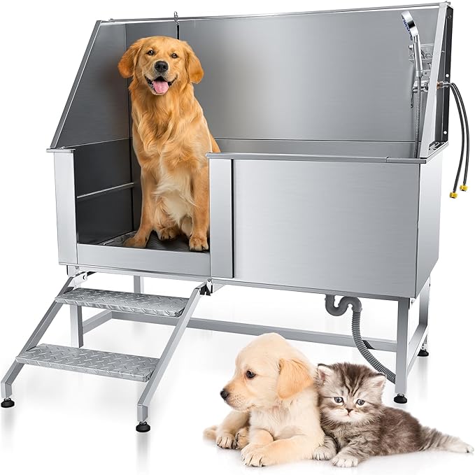 Dog Grooming Tub 62'' Dog Bathtub XL-Style Pet Bathing Tub Stainless Steel Dog Wash Station for Large Dogs Home Commercial with Faucet, Sliding Door-PurrikoPets