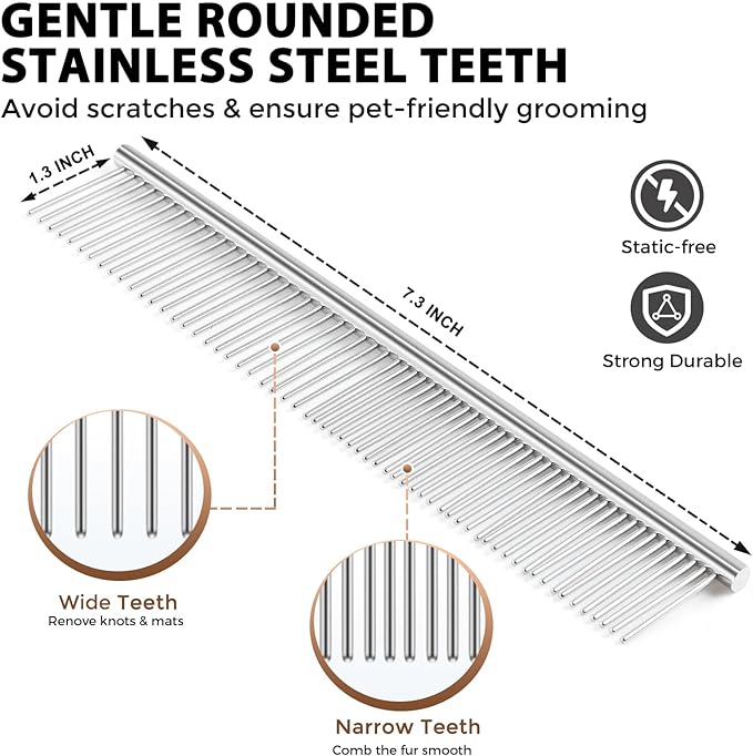 Dog Slicker Brush for Shedding and Grooming Medium or Long Haired Cats, Extra Long & Soft Pin Slicker Brush for Removes Loose Hair, Tangles, Knots, Undercoat, Free Pet Comb, Large, Oak-PurrikoPets