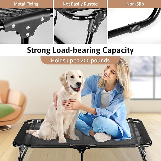 Elevated Dog Bed, Foldable Pet Bed with No Assembly, Cooling Raised Bed with Breathable Mesh, No-Slip Feet Durable Dog Cots Beds for Indoor & Outdoor Use, Black (L:43"x23"x7")-PurrikoPets