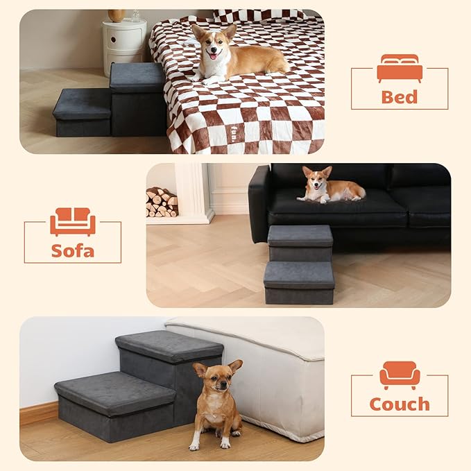 Foldable Dog Stairs/Steps 2-Tier Pet Steps Storage and Adjustable Steps for Small Medium Dogs Pet Steps Storage Stepper for High Beds Sofa Pet Dog Cat-PurrikoPets