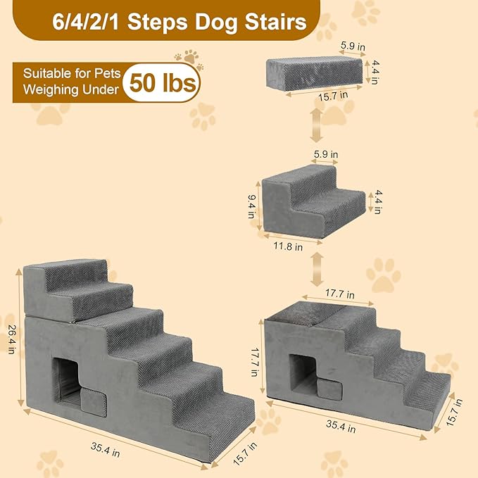 Dog Stairs for Small Dogs 27”H, 6-Step Dog Steps for High Bed, High-Density Foam Pet Stairs with Non-Slip Removable Washable Cover to Get on Bed(Grey)-PurrikoPets