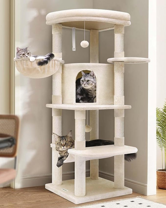 Globlazer Corner Cat Tree, 51in Curved Series Modern Cat Tower for Indoor Cats with Hammock, 7 Sisal Scratching Posts, Large Fan-Shaped Platform for Large Cats, Cat Condo & Hanging Basket, C51, Beige-PurrikoPets