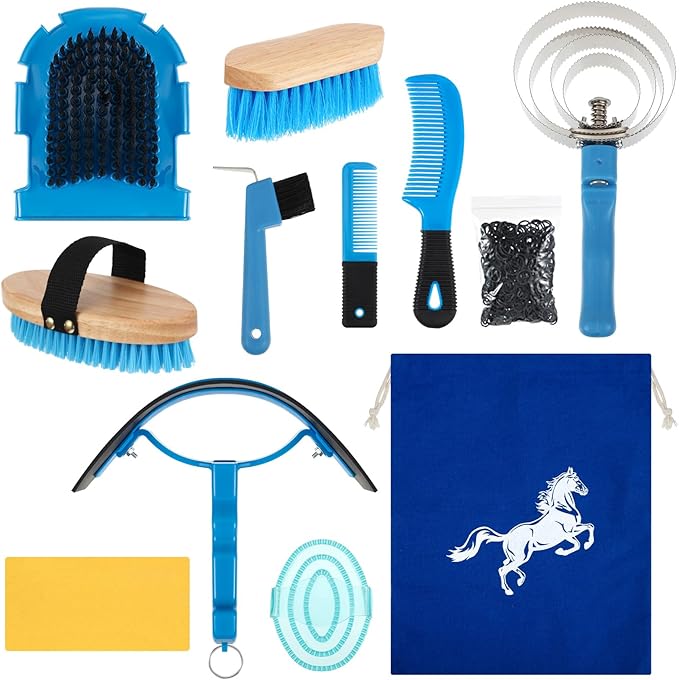 Abbylike 12 Pieces Horse Grooming Kit Racing Festival Tack Room Supplies Horse Brush Sets Equine Care Cleaning Kit Shedding Grooming Massaging Tools(Blue)-PurrikoPets