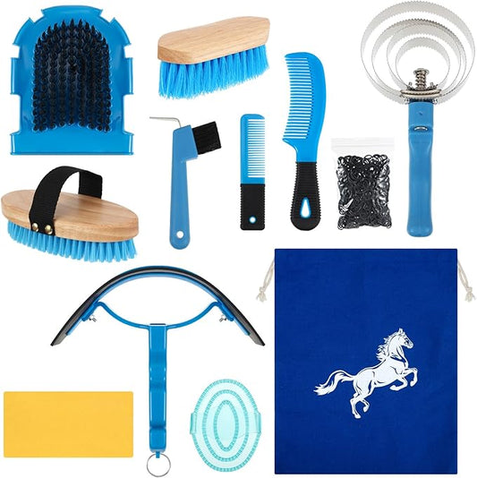 Abbylike 12 Pieces Horse Grooming Kit Racing Festival Tack Room Supplies Horse Brush Sets Equine Care Cleaning Kit Shedding Grooming Massaging Tools(Blue)-PurrikoPets
