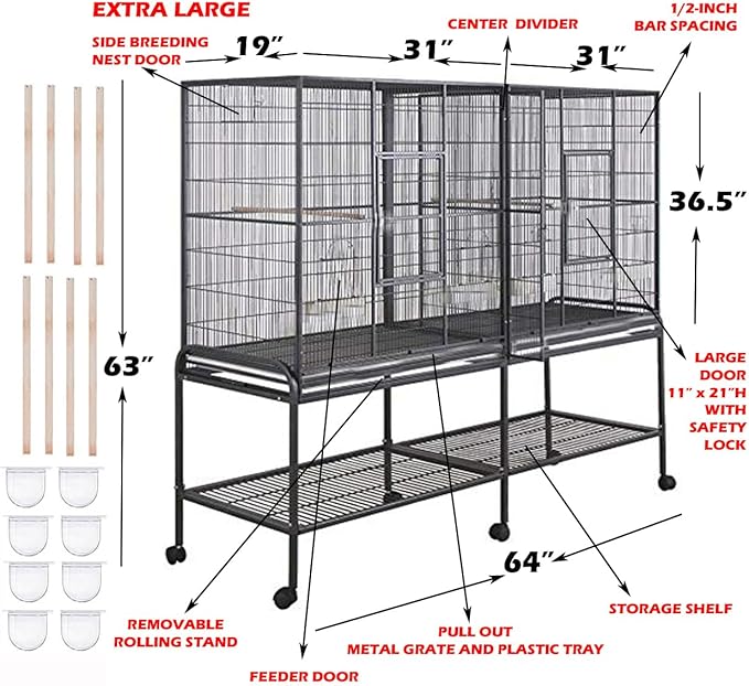 64" Extra Large Double Flight Bird Wrought Iron Double Cage Slide Out Center Divider Side Nesting Box Door Parrot Cage Cockatiel Conure with Removable Rolling Stand Storage Shelf-PurrikoPets