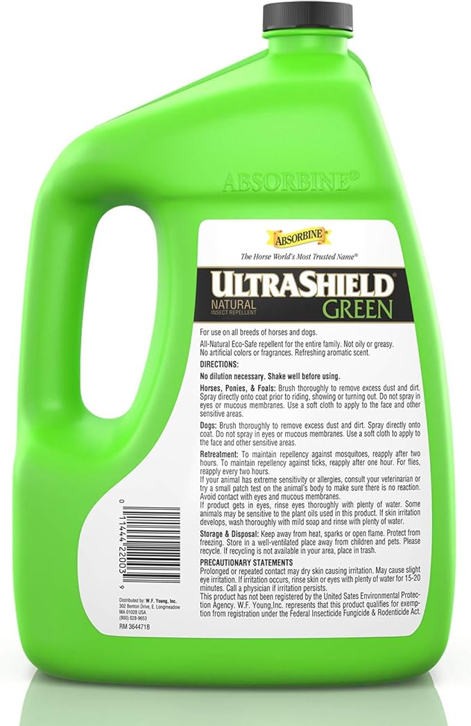 Absorbine UltraShield Green All-Natural Fly & Insect Repellent for Horses & Dogs, Essential Oils Repel & Control, 128oz Bottle, No Sprayer-PurrikoPets