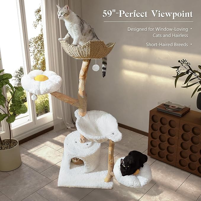 59" Modern Cat Tree Tower for Large Cats w/2 Flower Perches-Natural Solid Wood Scratching Post with Real Branch-Luxury Boho Cat Furniture w/Condo & Wicker Basket Bed, Cloud White-PurrikoPets