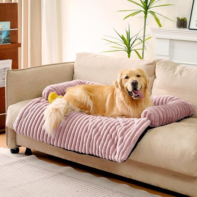 FUNNY FUZZY Pet Couch Cover for Sofa, Calming Dog Bed for Couch, Fluffy Plush Dog Couch Mat for Furniture Protector for Large Medium Small Pets, 47×37 in, Pink-PurrikoPets