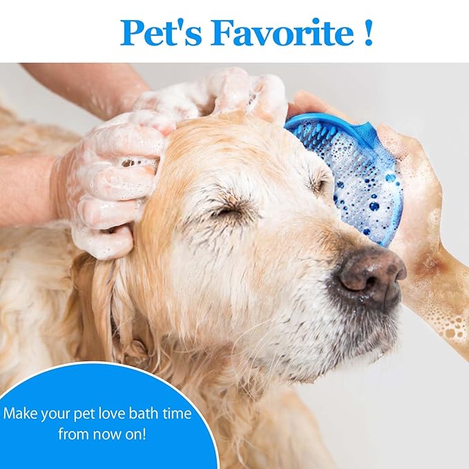 Dog Grooming Brush, Lilpep Pet Shampoo Bath Brush Soothing Massage Rubber Comb with Adjustable Ring Handle for Long Short Haired Dogs and Cats (Blue, set)-PurrikoPets