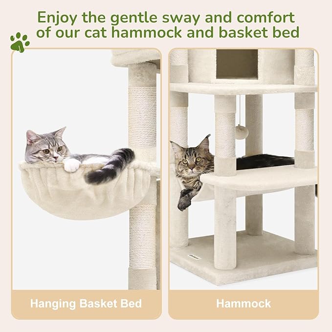 Globlazer Corner Cat Tree Tower with Scratching Post for Indoor Cats, 51in Plush Multi-Level Cat Tower with Large Hammock, Fan-Shaped Padded Perch, Spacious Cat Condo, Hanging Basket, C51, Light Beige-PurrikoPets