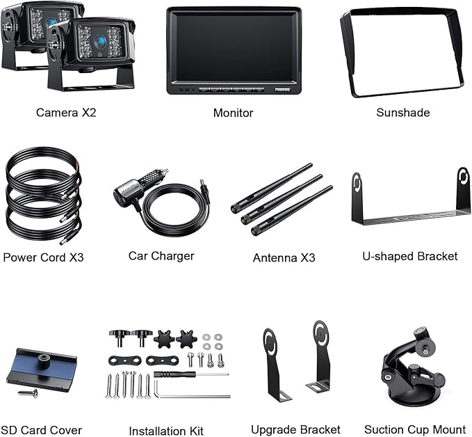 Fookoo 1080P 7" Wireless Backup Camera System, 7" HD Dual/Quad Split Monitor with Recording, IP69 Waterproof Rear View Front View Cameras with Parking Lines, Suits for RV/Truck/Trailer/Van/Bus(DW702)-PurrikoPets