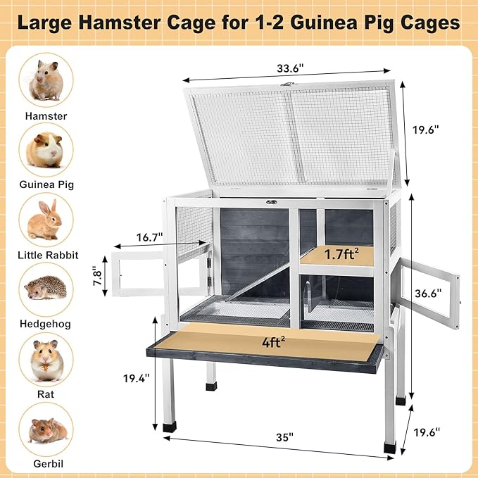 2-Story Guinea Pig Cage with Stand, Indoor Wooden Hamster Cage with Ramp, Pull-Out Tray, Hideout & Platform, Acrylic Transparent Small Animal Habitat for Chinchillas, Ferrets, Hedgehogs,Grey-PurrikoPets