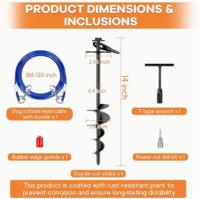 Dog Tie Out Stake, Heavy Duty 360°Swivel Dog Outside Lead Cable, Screw in Spike Auger Ground Stake Anchors with Power Nut Drill Bit, T Wrench and Leash, for Yard Camping Beach-PurrikoPets