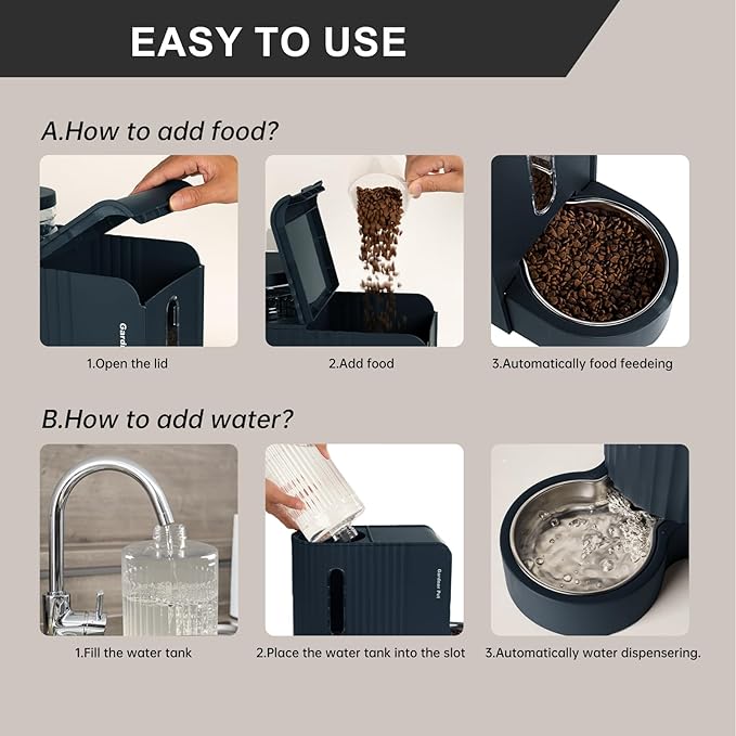 Gardner Pet Automatic Gravity Food Feeder and Water Dispenser, 1.8 Gallons*2 Stainless Steel Two-in-One Set Large Capacity Dispenser for Pets Dogs, Puppies, Kittens (Dark Blue)-PurrikoPets