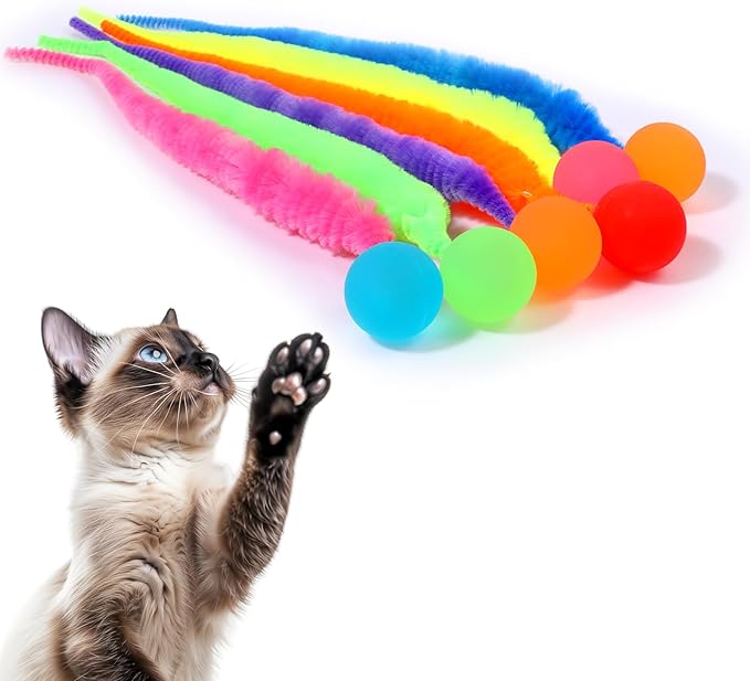 6 Pcs Bouncy Ball for Cats, Colorful Fuzzy Bouncy Cat Worm Toy Ball Fuzzy Worms (Balls Colors are Random)-PurrikoPets