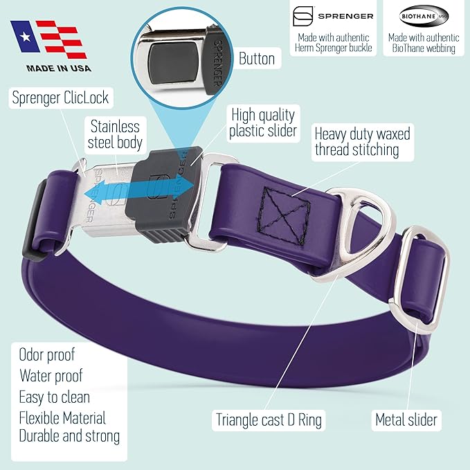 Dogline Biothane Waterproof Dog Collar with Herm Sprenger Stainless Steel Quick Release Buckle – Heavy Duty Tactical Durable Collar for Dogs – Comfortable and Safe Pet Collar, W 1" L 15-25", Purple-PurrikoPets