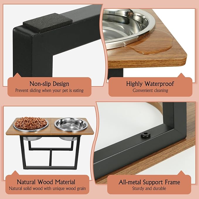 Elevated Dog Bowls for Large Dogs, Raised Dog Bowl Stand with Two X-Large Stainless Steel Bowls for Dogs, 3.5L Capacity, Rustic Walnut-PurrikoPets