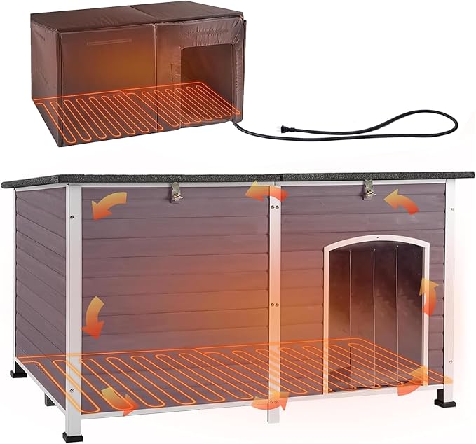 Aivituvin Dog House Insulated Outdoor Dog Kennel with Heated Liner for Winter 59" Extra Large Insulated Dog Cage with Heater,All-Around Iron Frame(Grey)-PurrikoPets