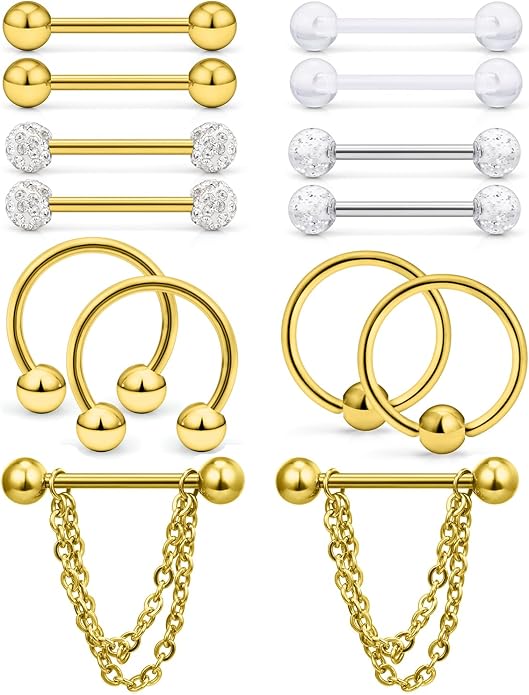 Hoeudjo 14Pcs 14G Surgical Steel Chain Dangle Nipple Rings Barbell Piercing Jewelry Retainer for Women