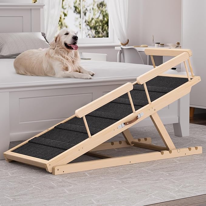 Dog Ramp for High Bed, Couch, Car, Pet Ramps 55.12" Long Adjustable 19.7"-27.6" Wooden Dog Step with High Traction Mat & Safety Side Rails for Small Medium Large Older Pets, up to 250 lbs-PurrikoPets