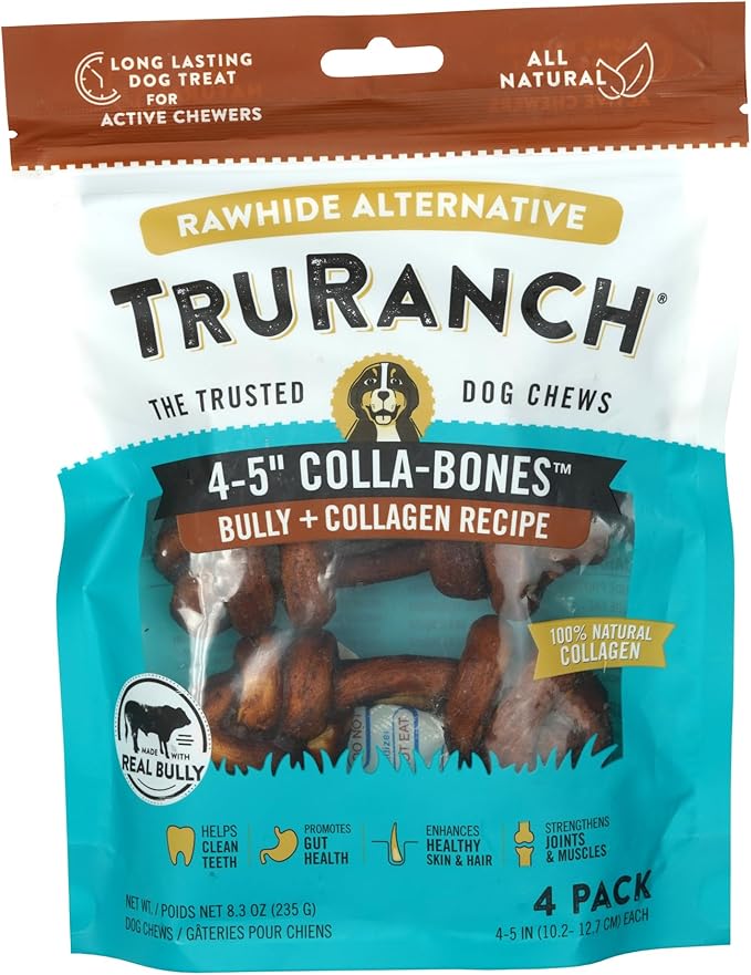 4-5" Collagen Bones, Bully - Collagen Dog Bones - Long Lasting Healthy Joint Support Dog Treat - Rawhide Alternative - Skin & Coat Health, 1 Bag, 4 Count-PurrikoPets