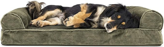FurHaven Soft, Orthopedic Foam Sofa Dog Bed with Washable & Removable Cover - Faux Fur/Velvet - Dark Sage, Dogs Up to 35 lbs - Medium-PurrikoPets