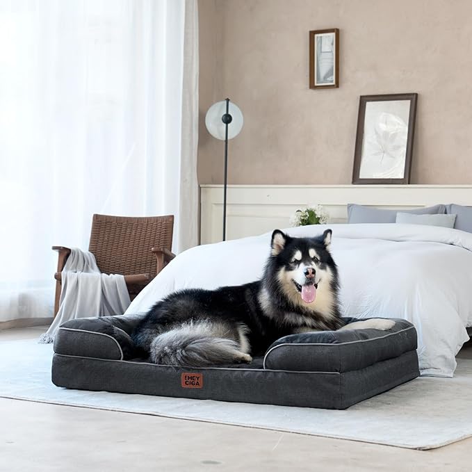 EHEYCIGA Orthopedic Dog Beds for Large Dogs, Waterproof Memory Foam Large Pet Bed with Sides, Non-Slip Bottom and Egg-Crate Foam Dog Couch Bed with Washable Removable Cover, Dark Grey-PurrikoPets