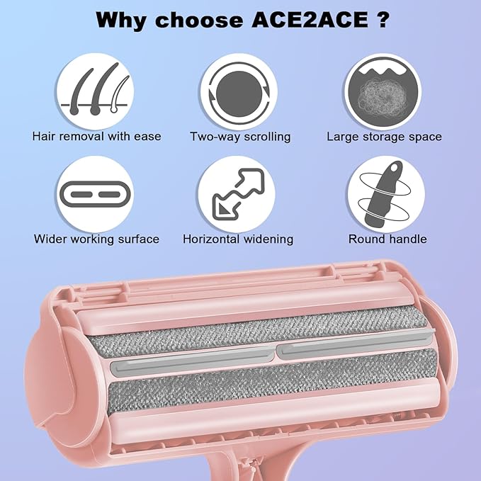 ACE2ACE Pet Hair Removal Tool, Lint Roller Brush for Cats and Dogs, Reusable Self Clean Pet Fur Remover, Pet Hair Remover for Laundry, Carpet, Furniture, Couch, Sofa and Bedding (Pink)-PurrikoPets