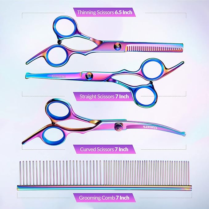 Gimars Dog Grooming Scissors Kit Professional 4CR with Safety Round Tip, 5 in 1 Heavy Duty Titanium Coated Thinning & Curved & Straight Shears-PurrikoPets