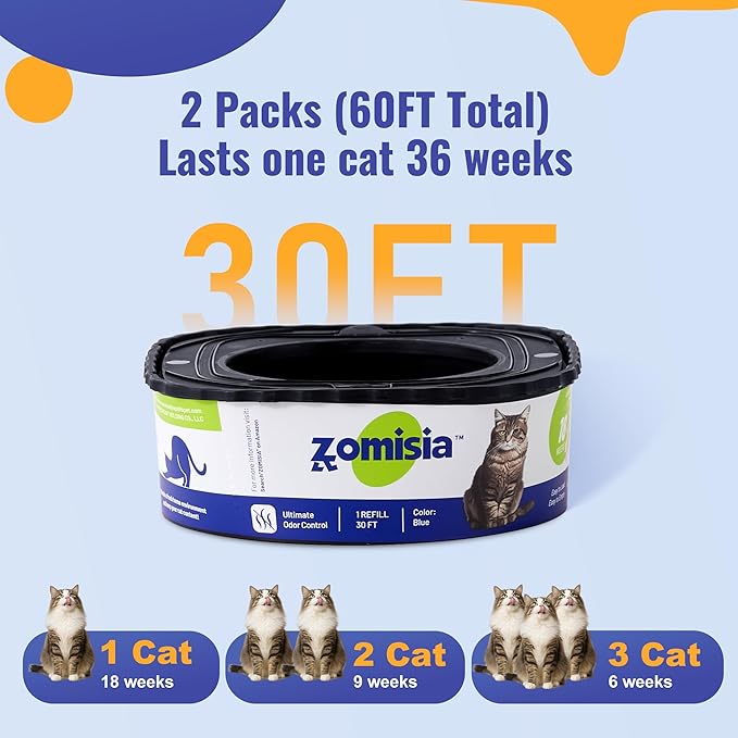 2 Pack Cat Litter Refill Bags, Non-See-Through Jumbo 60FT Cartridge Refill Total Up to 36 Weeks (Over 8 Months) Per Cat for Odor Control, Compatible with Genie Standard, Plus, Style-PurrikoPets