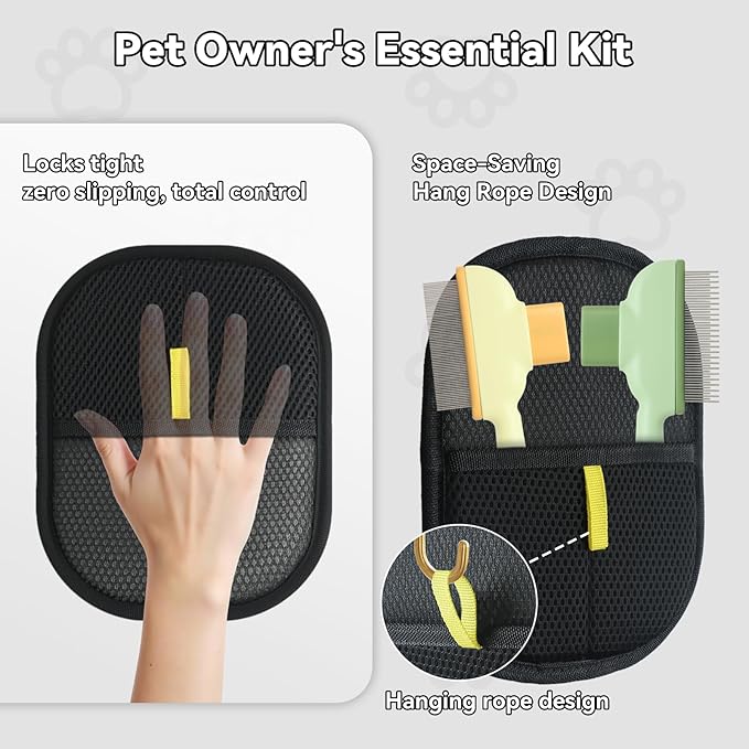 2 Pet Hair Removal Gloves, 2 Flea Combs for Cats and Dog，Reusable Electrostatic Gloves and Long & Short Flea Combs, 4 PCS pet hair removal tools-PurrikoPets