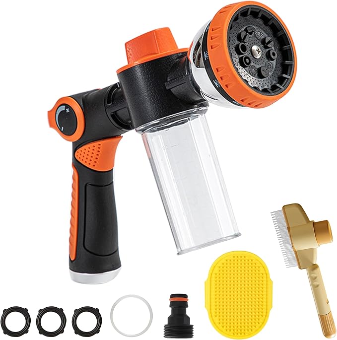 Dog Washing Hose Attachment, 10-in-1 Soap Sprayer Moden Garden Hose Nozzle with 100cc Soap Dispenser, Dog Wash Supplies with Dog Bath Brush & Pet Comb, Foam Gun Car Wash Sprayer (Orange)-PurrikoPets
