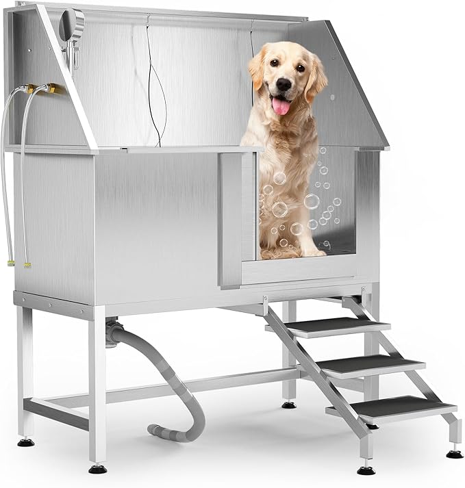 50" Stainless Steel Professional Dog Washing Station - Pet Bathing Tub w/Non-Slip Stairs | Slip-Resistant Floor Grate | for Large/Medium/Small Dogs-PurrikoPets