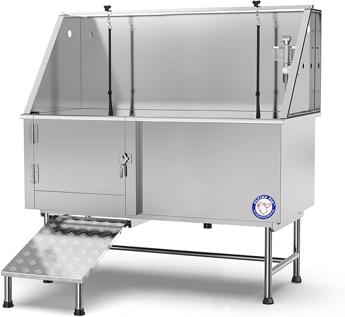 Flying Pig 62" Stainless Steel Pet Dog Grooming Bath Tub with Walk-in Ramp & Accessories (Left Door/Right Drain)-PurrikoPets