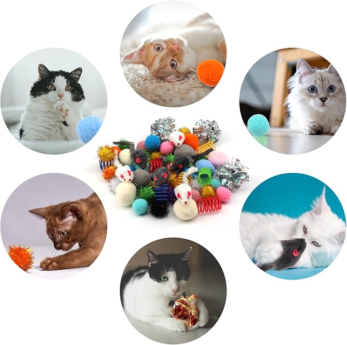 60 Pack Cat Toys - Assorted Kitten, Mouse, Crinkle & Pom Pom Balls-PurrikoPets