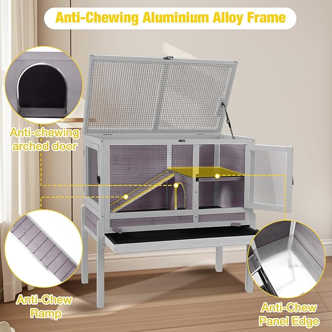 Aivituvin 2-Story Rabbit Hutch with Anti-Chew Ramp & Zinc Sheet - 36.6" Indoor Guinea Pig Cage, Wooden Stand, Pull-Out Tray & Leakproof Floor (Grey)-PurrikoPets